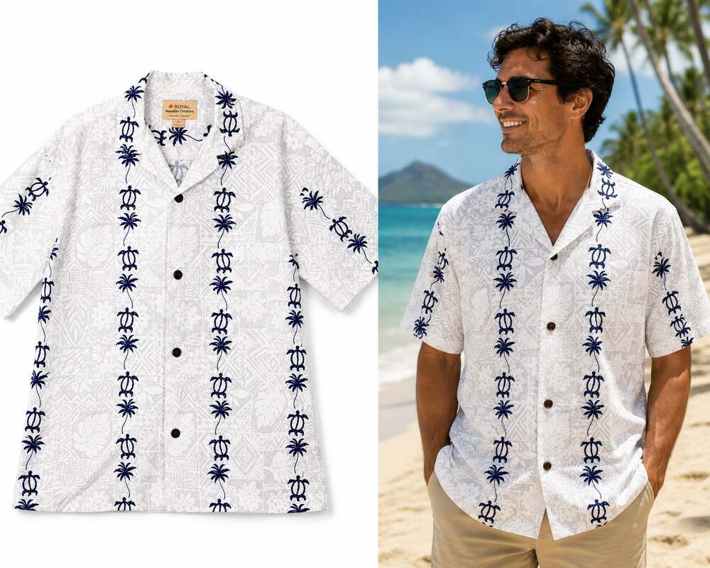 Royal Hawaiian Creations White and Blue Honu Sea Turtle & Palm Tree Aloha Shirt